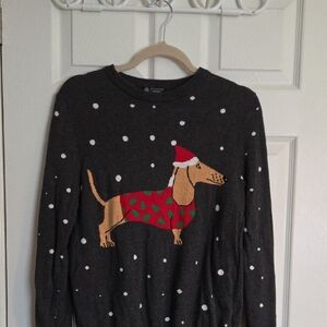 Avenue Dark Gray Dachshund Holiday Crewneck Sweater with Red & Green Accents